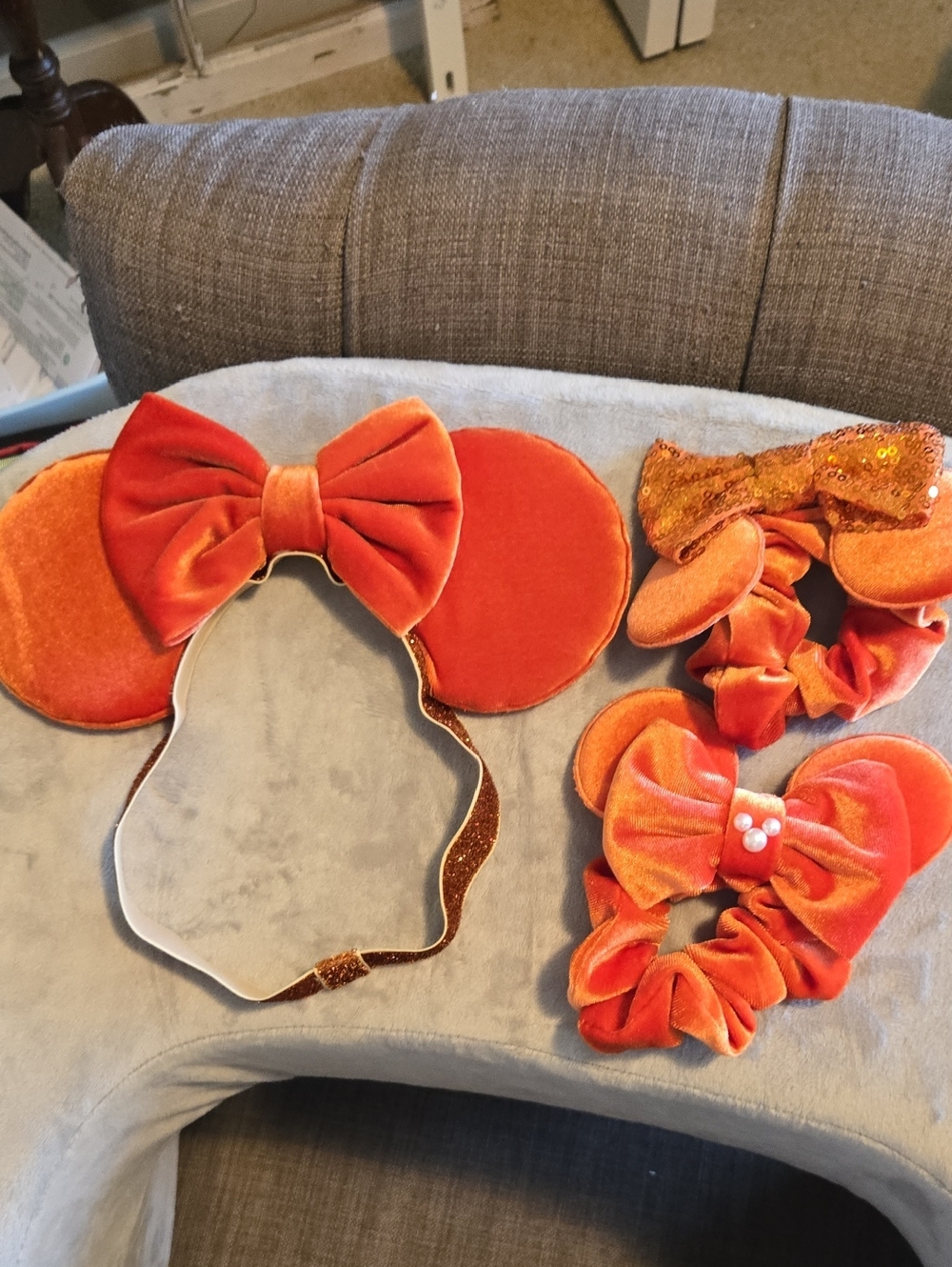 Velvet Orange Minnie Ear Headband with Matching Scrunchies